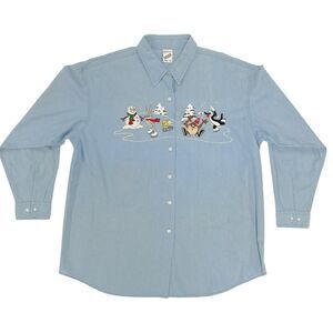 Vtg 1998 Warner Bros Studios Womens XL Embroidered Looney Tunes Christmas Shirt